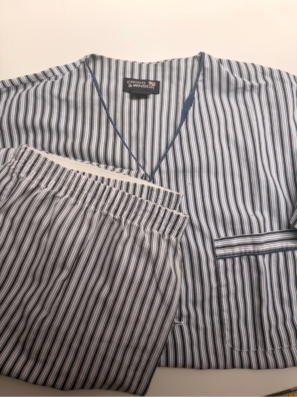 Vintage 90s Cross & Windsor Striped Pajama Set Navy Blue Woven 2 Pc Loungewear